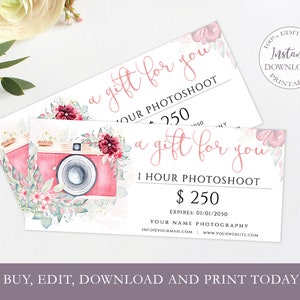 Photography Gift Card Printable Template, Watercolor Floral Photo ...