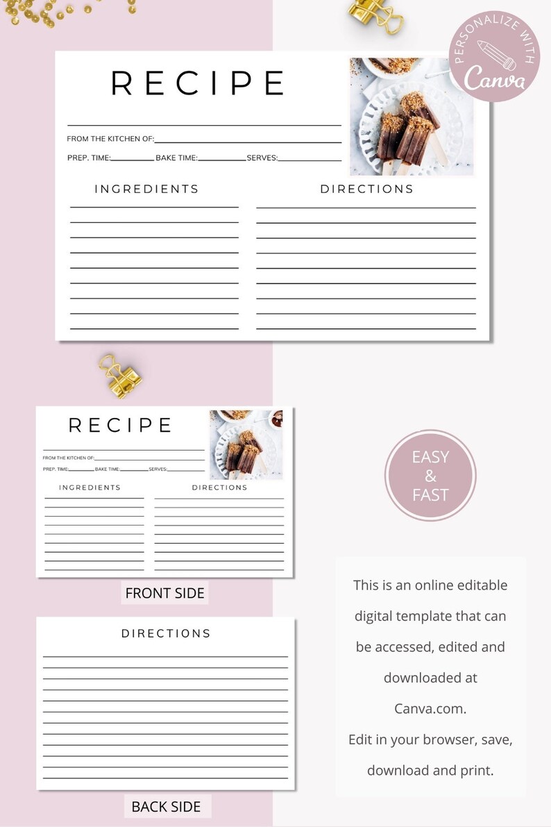 Recipe Card Template 4x6 Recipe Cards Printable Recipe Card - Etsy