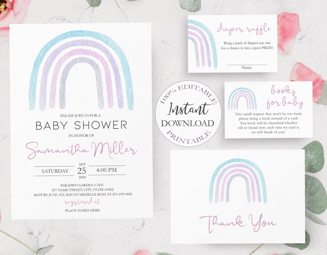 Rainbow Baby Shower Invitation Set, Printable Pastel Watercolor Baby ...