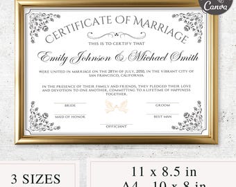 May include: A framed marriage certificate with gold trim. The certificate features the names Emily Johnson & Michael Smith, the date July 28th, 2050, and the city of San Francisco. Available in 3 sizes: 27.9 x 21.6 cm, A4, and 25.4 x 20.3 cm.