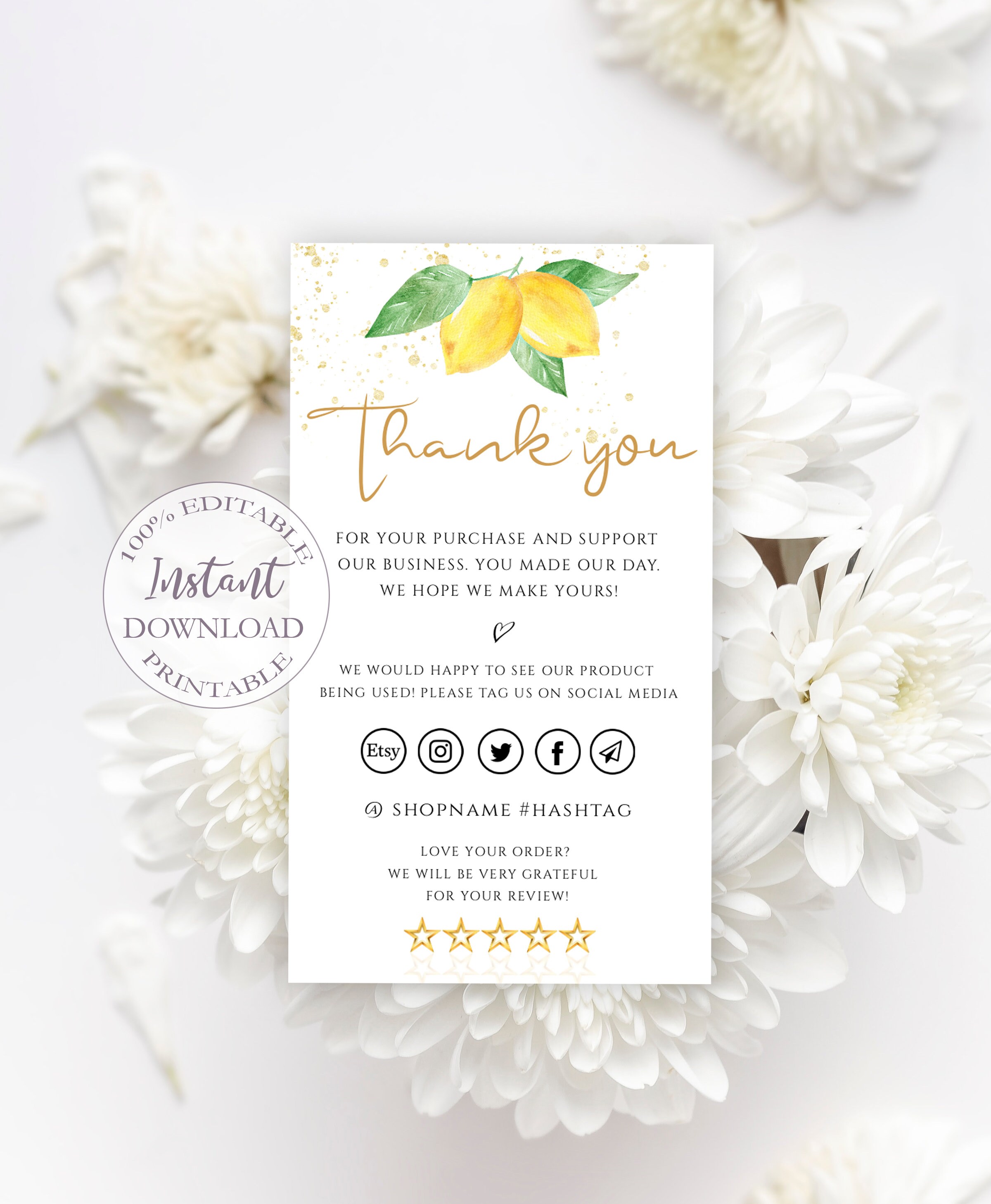 Editable Thank You Cards Template Lemon Thank You for Order | Etsy