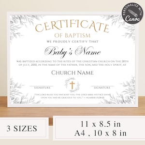 Editable Baptism Certificate Canva Template | Customizable Church Baptism Form | Printable Christening Keepsake