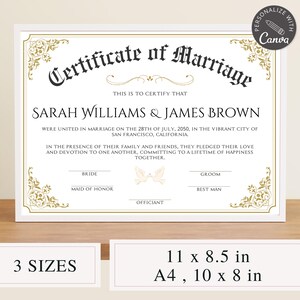 Customizable Wedding Certificate Template | Editable Canva Marriage Contract | Personalized Keepsake Design for Wedding or Vow Renewal