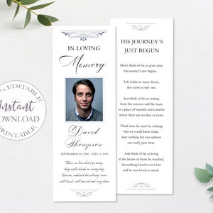 Editable Funeral Bookmark Template | Printable Obituary Bookmark Funeral Favor | Celebration of Life Memorial Bookmark for Men | F-015