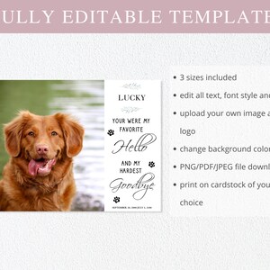 May include: Editable template for a pet memorial card with a photo of a brown dog. The text reads "Lucky, Your were my favourite Hello and my hardest Goodbye".