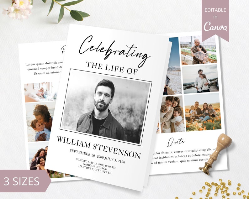 loss of father, funeral card, funeral brochure, celebration of life, funeral program, obituary template, loss of mother, in loving memory, loss of loved one, canva template, loss of grandmother, funeral template, obituary program