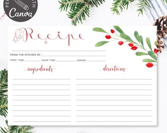 Tarjetas de recetas navideñas imprimibles, plantilla de tarjeta de recetas navideñas, tarjetas de recetas navideñas de 4x6, tarjeta de recetas familiares, plantilla de Canva 100 % editable