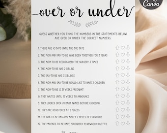 May include: A white card featuring the words "over or under" in a handwritten font, with a list of statements below. The card is designed for a baby shower game, with prompts about the parents-to-be and their upcoming baby.