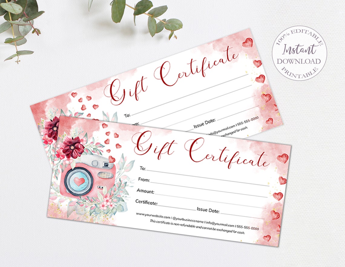 Photography Gift Certificate Template Printable Love Gift | Etsy