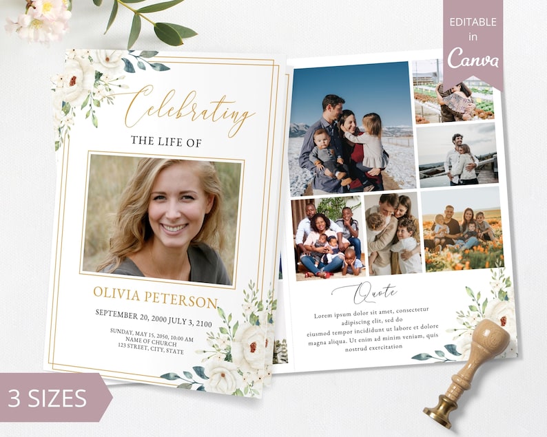 loss of father, funeral card, funeral brochure, celebration of life, funeral program, obituary template, loss of mother, in loving memory, loss of loved one, canva template, loss of grandmother, funeral template, obituary program