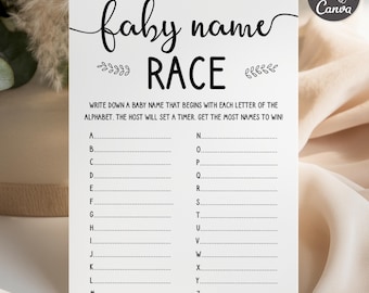 May include: A white rectangular baby shower game card titled Baby Name Race in black script and block lettering. The card features instructions and a list of letters A through Z with dotted lines for writing names, plus a Canva logo badge.