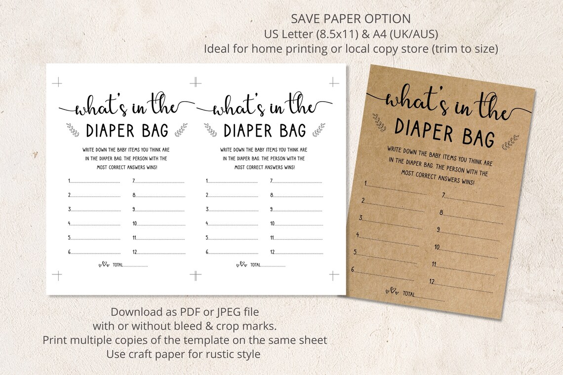 Baby Shower Game Printable What's in the Diaper Bag Game - Etsy