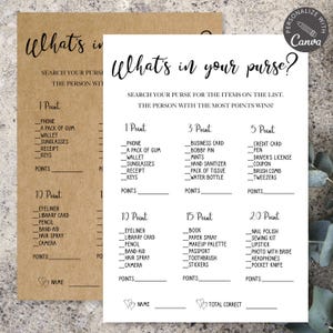 What's in Your Purse Game | Canva Template for Bridal Shower Game, Baby Shower Games, Virtual Baby Shower, Purse Game Printable, Wedding Fun