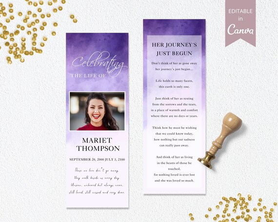 Purple Obituary Bookmark Template Loss of Loved One Printable | Etsy