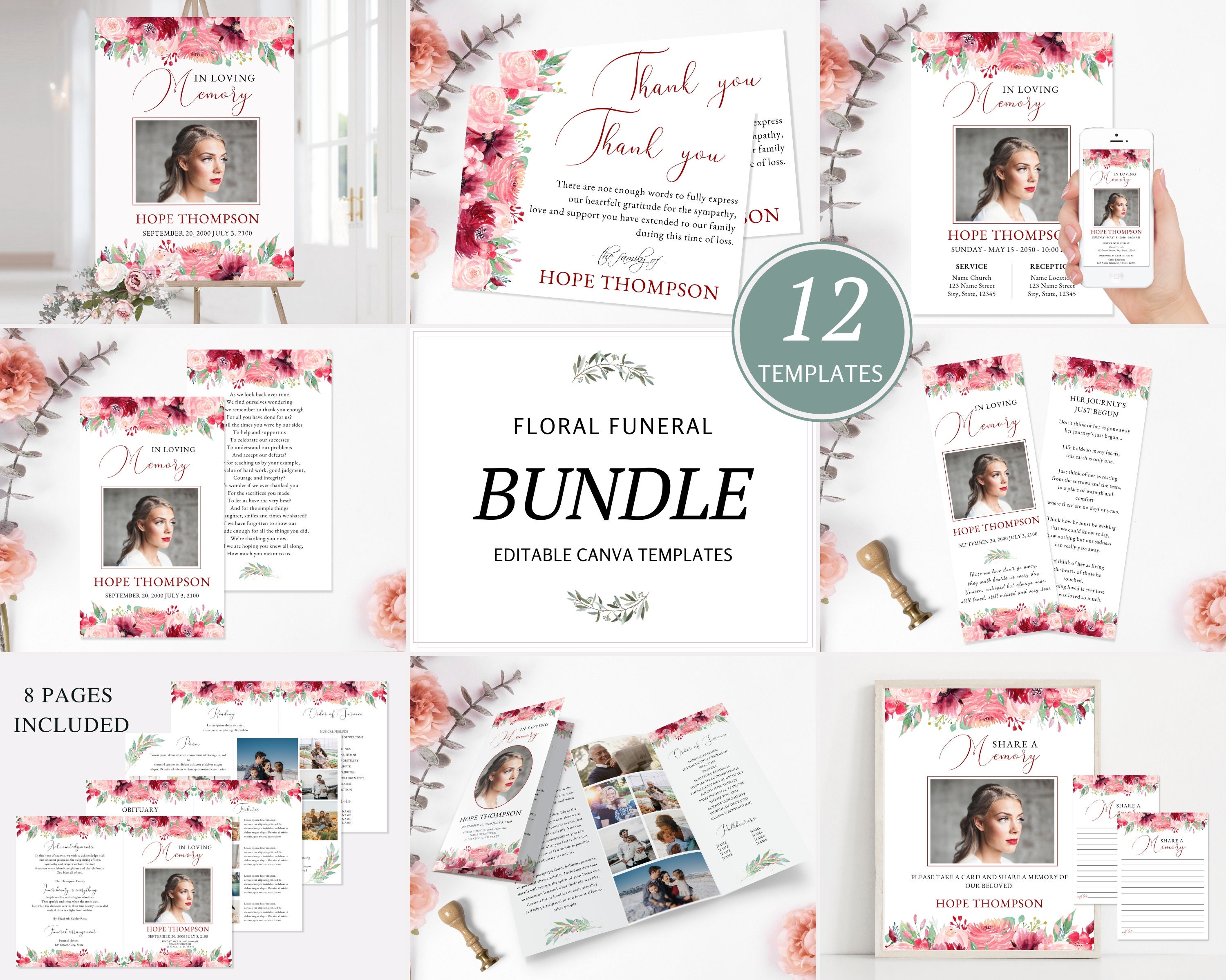 Floral Funeral Bundle I Editable Canva Template I Obituary Template I ...