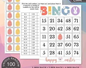 May include: A printable Easter bingo card with a pastel pink, yellow and blue colour scheme. The card features a bunny rabbit, eggs and the word "Bingo" in large, colourful letters. The numbers 15, 21, 34, 48, 71, 3, 20, 42, 58, 62, 11, 23, 51, 65, 4, 22, 37, 60, 73, 5, 28, 41, 55 and 74 are printed on the card. The text "happy easter" is printed in pink and white letters. The text "1 per page | 2 per page | 4 per page | 6 per page | call board, numbers and tokens" is printed at the bottom of the card.