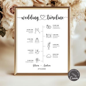 May include: A framed wedding timeline print with a gold frame. The black text reads "wedding timeline" and includes a schedule with illustrations for the ceremony, lunch, cake cutting, and fireworks. The names "Olivia + Andrea" and the date "27.12.2050" are also included.