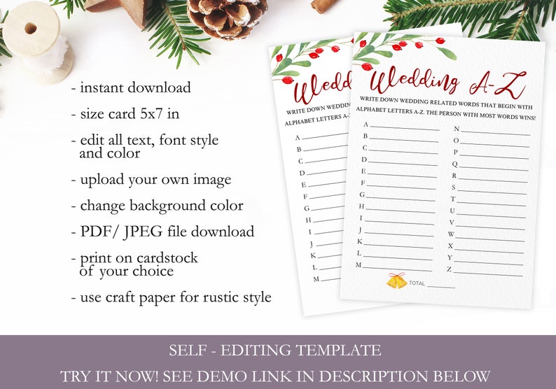 Christmas Bridal Shower Games Printable Wedding A-Z Game | Etsy