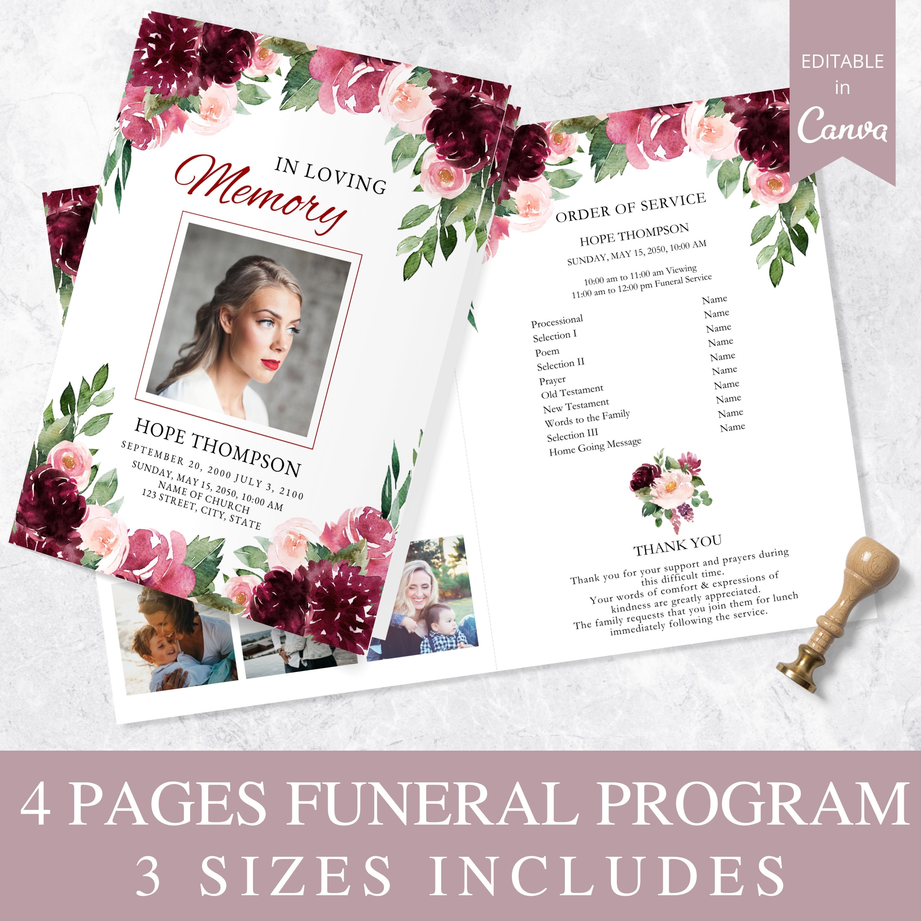 Funeral Foldable Program A4 Template 4 Page Funeral Program Template, Canva Funeral Template Printable ...