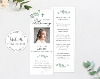 Funeral Bookmark Template, Eucalyptus Printable Celebration of Life Bookmarks, Greenery Keepsake Cards, Editable Memorial Card. F-002