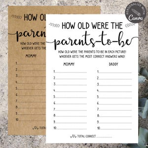 Może przedstawiać: Dwa arkusze do gry na baby shower do wydrukowania. Jeden jest z papieru kraft, drugi biały. Oba mają tekst "How Old Were The Parents-To-Be?" z sekcjami do wypełnienia dla Mamy i Taty.