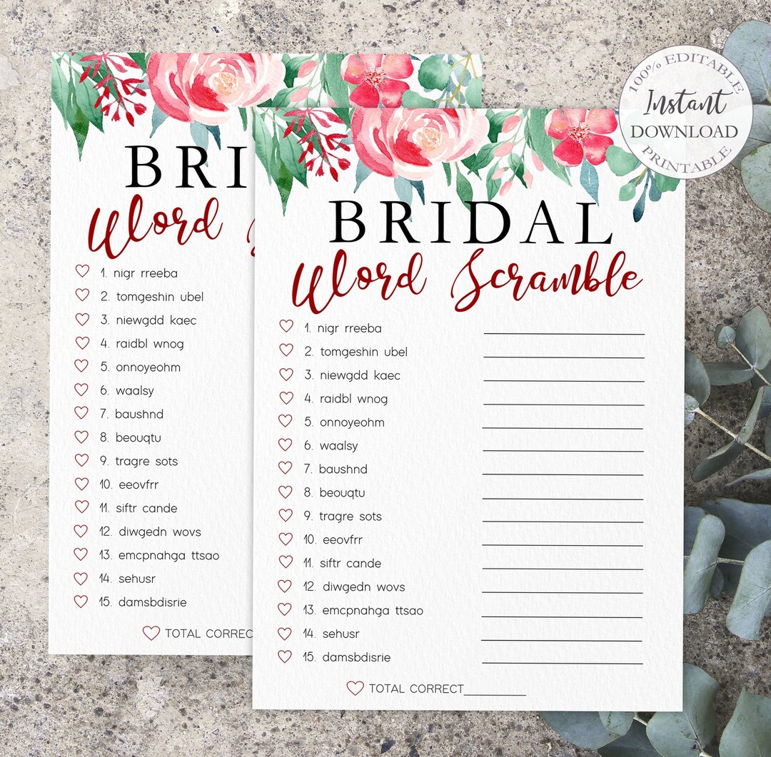 Bridal Word Scramble Game Template, Editable Floral Bridal Shower Games ...