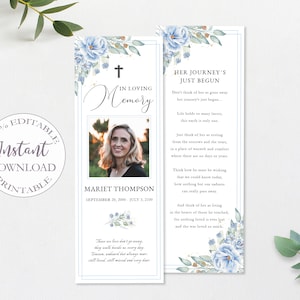 Funeral Bookmark Editable | Celebration Of Life Printable Bookmarks | Loss Of Mother Obituary Bookmarks | Floral Funeral Card Template.F-004