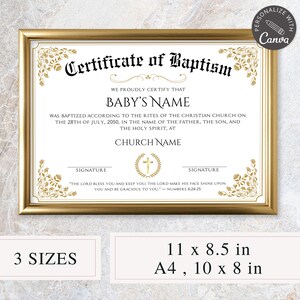 Editable Baptism Certificate Canva Template | Customizable Church Baptism Form | Printable Christening Keepsake