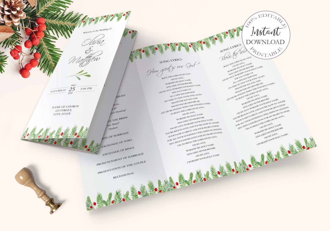 Christmas Party Program Template, Editable Winter Wedding Program
