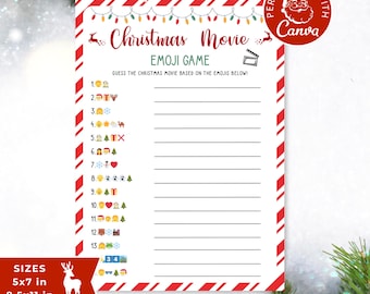 May include: A printable Christmas movie emoji game. The game features 13 lines with emojis representing different Christmas movies. The game is designed to be printed on 8.5x11 inch paper.