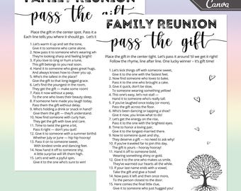 Family Reunion Pass the Gift Game | Ice Breaker, Printable Poem Activity, Pass the Present, Family Trivia, Reunion Ideas, Canva Template