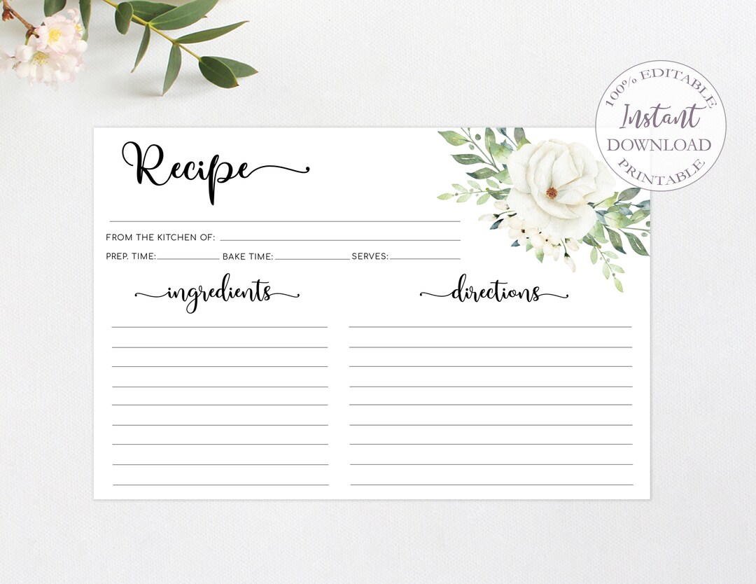 Recipe Cards Printable, Floral Recipe Card Template, Digital Recipe ...