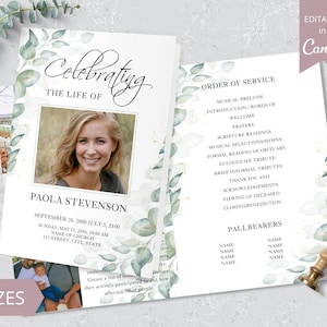 Greenery Funeral Program I Editable Canva Template I Printable Bi-Fold Obituary Funeral Template I In loving memory I Eucaliptus Program