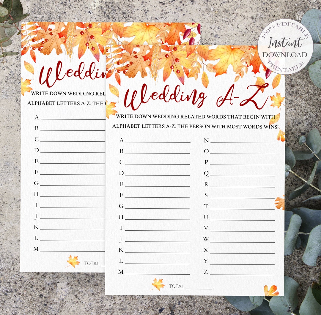 Bridal Shower Game Printable, Fall Wedding A-Z Game, Editable Fall ...