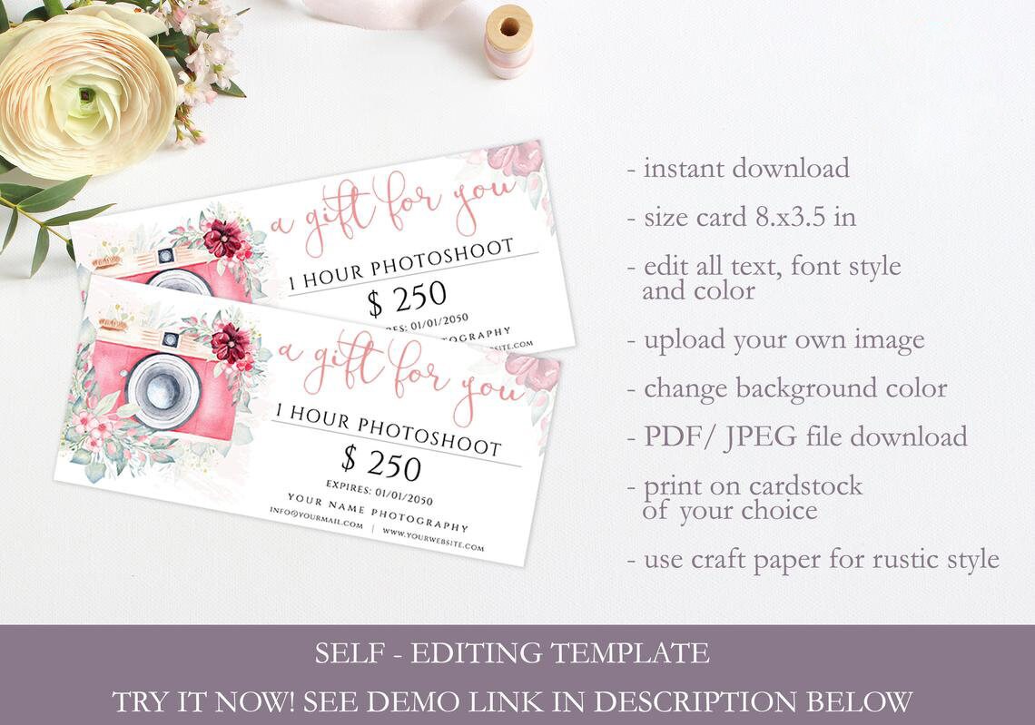 Photography Gift Card Printable Template Watercolor Floral - Etsy