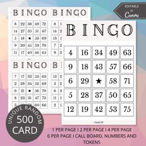 May include: A set of bingo cards with a black and white design. The word "BINGO" is at the top of each card. The image includes text that says "500 CARD" and "EDITABLE in Canva".