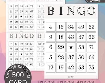 500 kart bingo do druku | 1, 2, 4 i 6 na stronie, spersonalizowana karta bingo, edytowalny szablon Canva, gry towarzyskie, bingo świąteczne, bingo dla dorosłych w formacie PDF