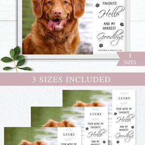 May include: Printable memorial card featuring a photograph of a brown dog. The text reads "Lucky, Your were my favourite. Hello and my hardest Goodbye. September 20, 2000 - July 3, 2100". The card is available in three sizes: 5x7 inches, 7x5 inches, and 10x8 inches.