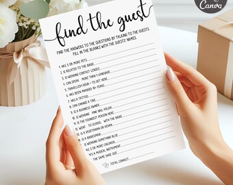 May include: A white paper game card titled Find the Guest with black text and lines for writing names. The card lists 19 questions for guests to answer, including Has 3 or more pets, Is related to the bride, and Is wearing contact lenses.