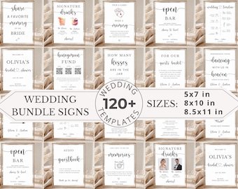 May include: A selection of wedding signs with different designs and text, such as "Share a Favorite Memory of the Bride," "Signature Drinks," and "Open Bar." The signs are in neutral colours and come in various sizes.