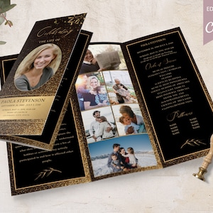 Editable Canva Trifold Funeral Program Template, Black And Gold Funeral Program, Printable Obituary Template, Loss Of Father Funeral.