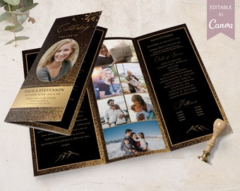 Editable Canva Trifold Funeral Program Template, Black And Gold Funeral Program, Printable Obituary Template, Loss Of Father Funeral.
