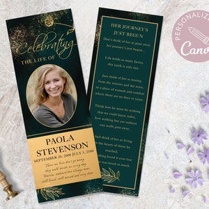 Green and Gold  Funeral Obituary Bookmark Template, Editable Canva Template, Loss Of Loved One, Editable Funeral Keepsake Bookmark.