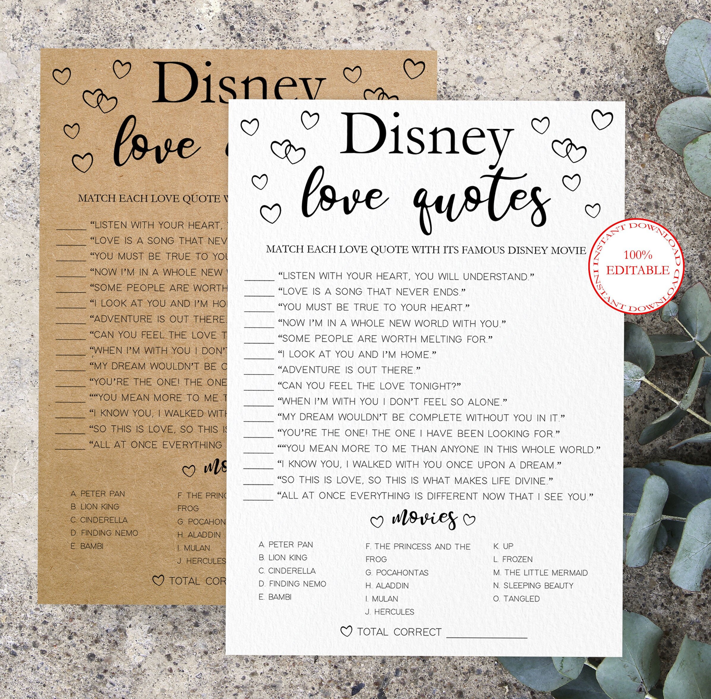 Disney Love Quotes Bridal Shower Game. Printable Instant Etsy