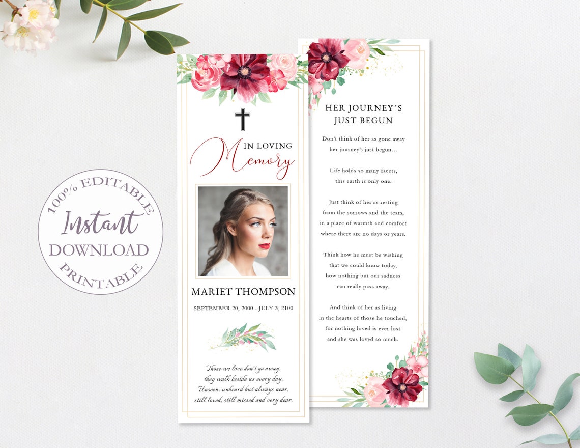 Obituary Bookmark Template Printable Floral Funeral Bookmark - Etsy