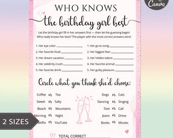 Who Knows The Birthday Girl Best Canva Template | Teen Birthday Game | Birthday Trivia | Slumber Party Quiz | Tween Party Game For Girls