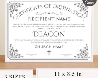 Editable Deacon Ordination Certificate | Minister License Canva Template | Church Membership | Religious Printables on Canva