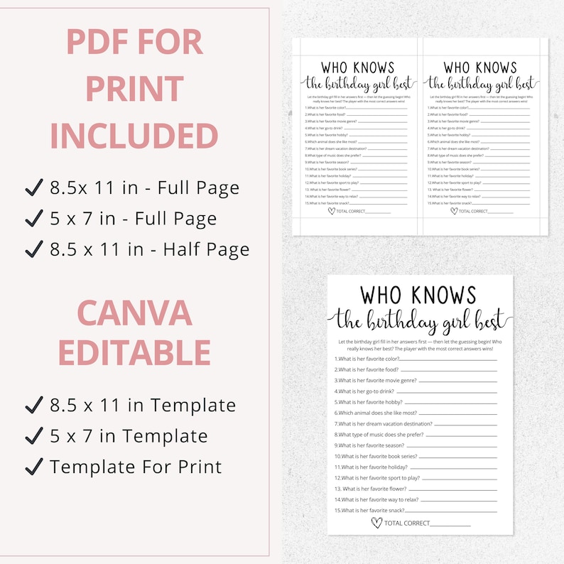 Who Knows The Birthday Girl Best Quiz Game | Canva Birthday Template | Trivia For Teens | Tween Birthday Game | Slumber Party Questions