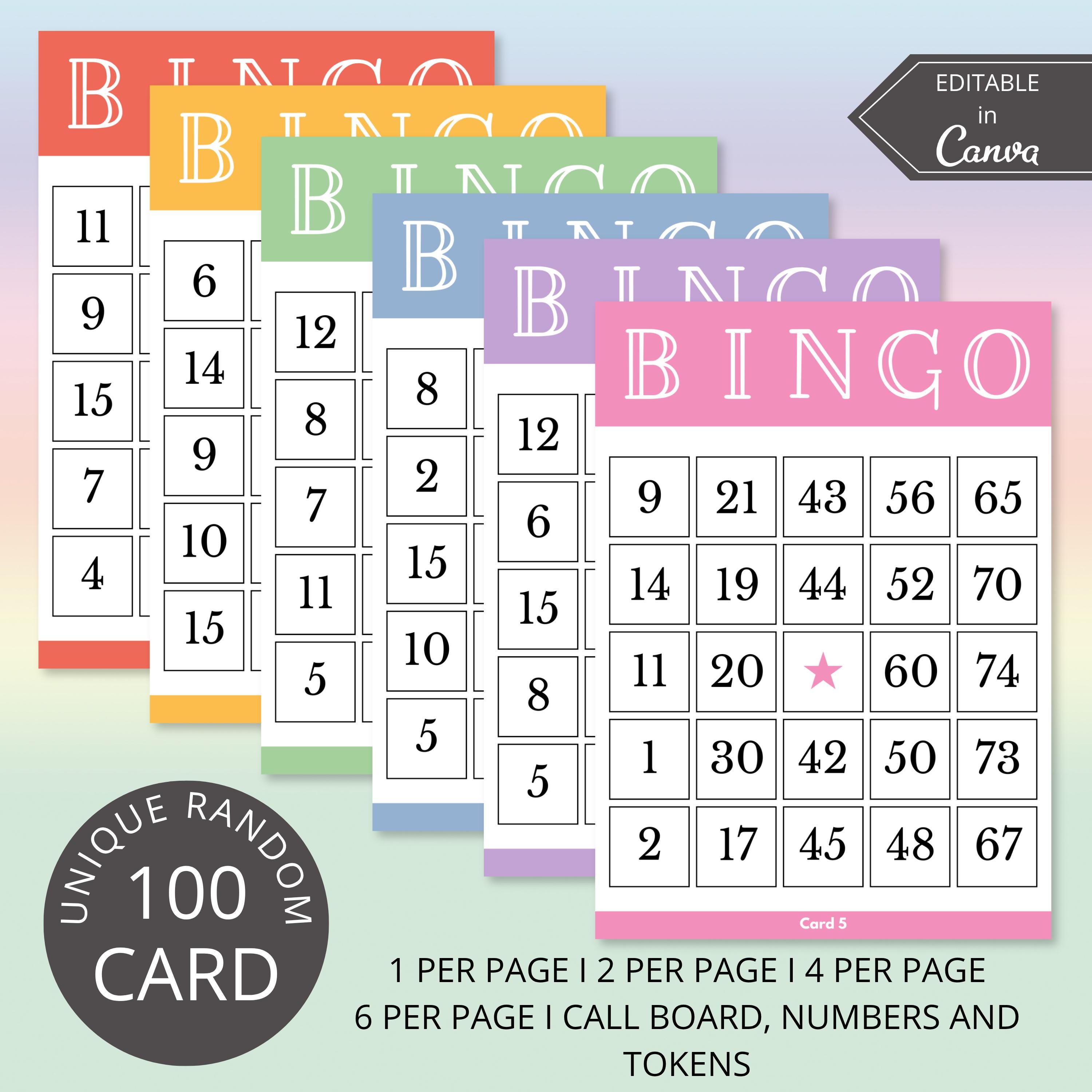 100 Printable Bingo Cards | 1, 2, 4 and 6 Per Page, Custom Bingo Card, Editable Canva Template, Party Games, Holiday Bingo, Adult Bingo PDF