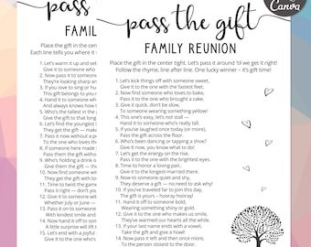 May include: A white card with black calligraphy text that reads "pass the gift" and "Family Reunion." The card includes instructions for a gift-passing game, with a tree graphic and Canva logo.